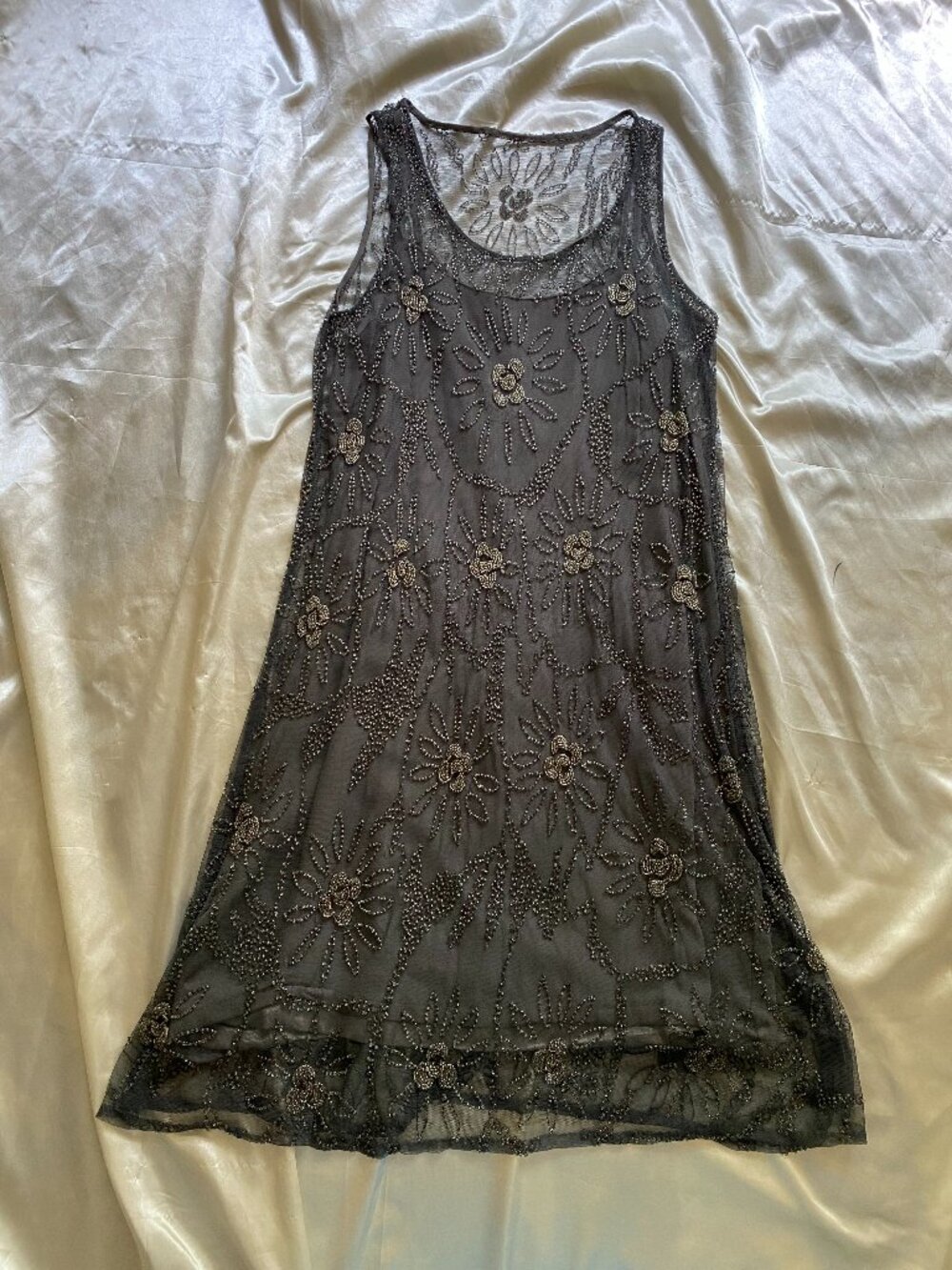 Vintage Grey Beaded Sheer Mesh Mini Dress Boho Gatsby Party Size 8
